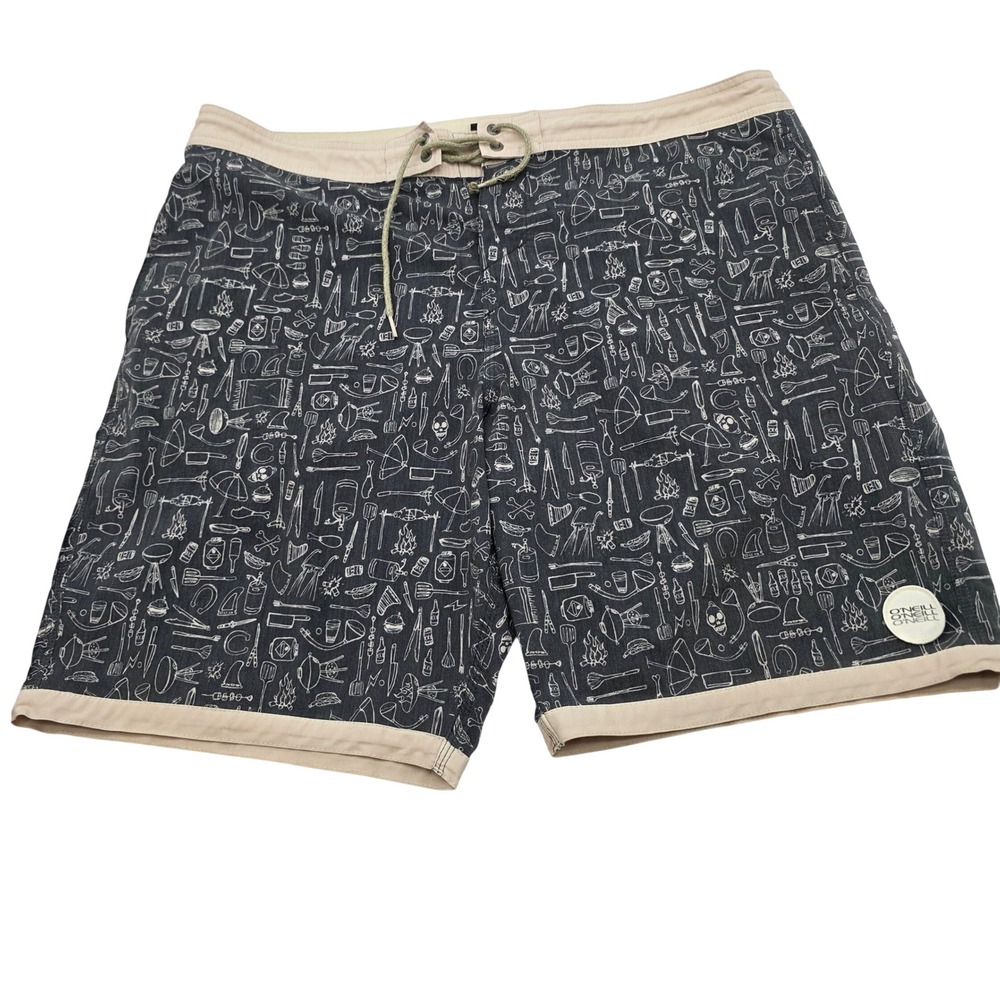 O'Neill Cruzers Board Shorts Mens 38 Black BBQ Grill Print Stretch Trunks Beach